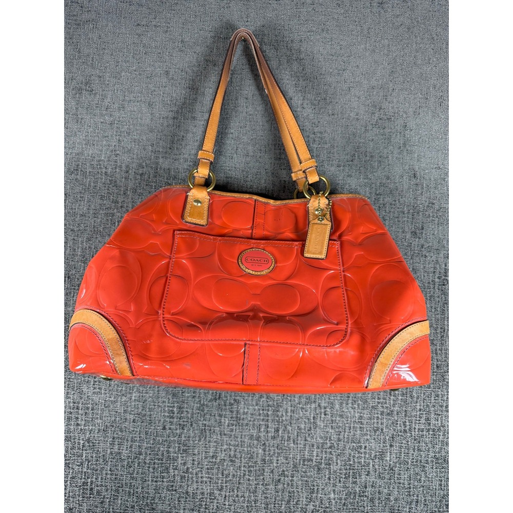 Coach Ergo Signature Patent Leather Tote Coral Orange F23722